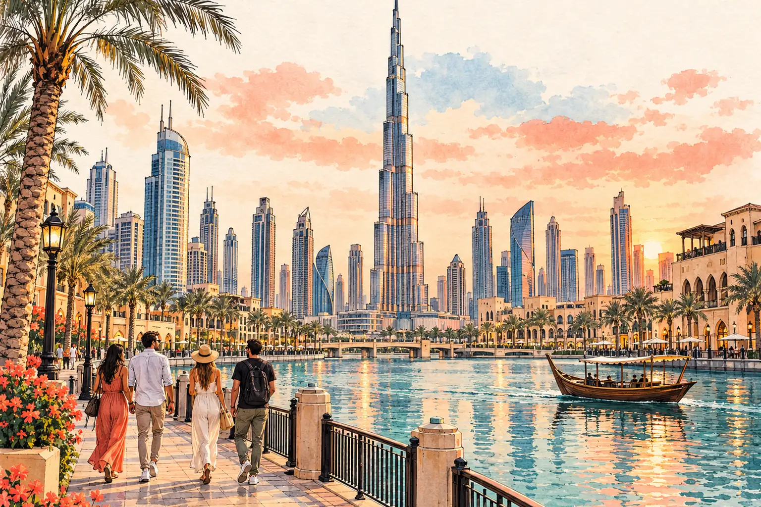 A hand-drawn view of Dubai with the Burj Khalifa above the waterfront and young adults on the promenade.