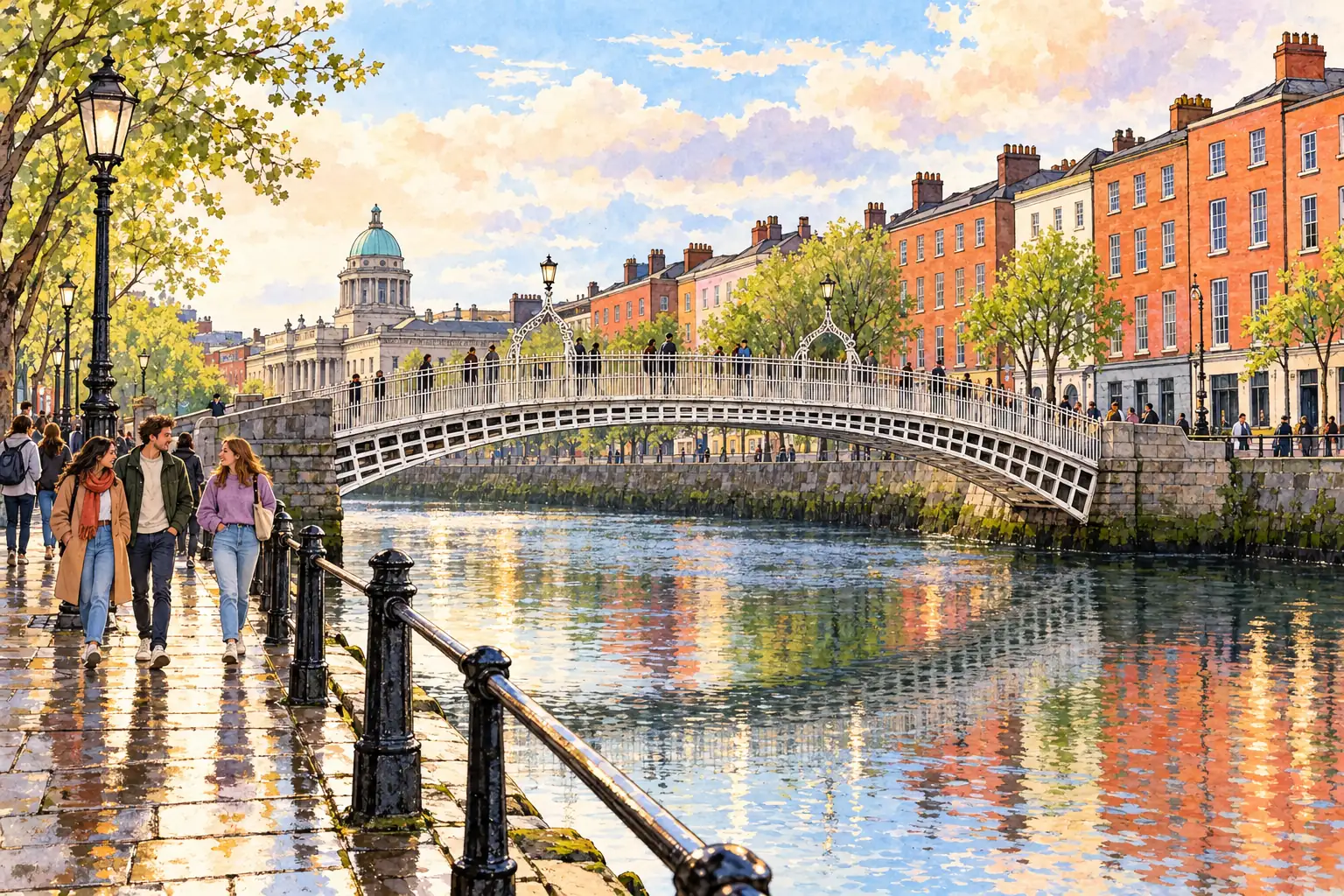 A hand-drawn Dublin scene with Ha’penny Bridge, Georgian riverside buildings and young adults.