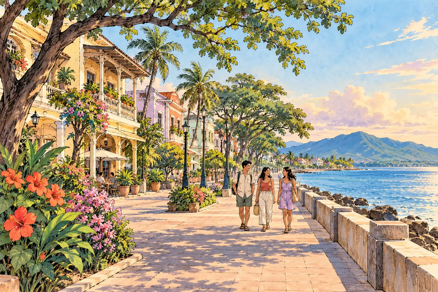 A hand-drawn Dumaguete coastal esplanade with tropical trees, pastel low-rise buildings, the sea and young adults walking together.