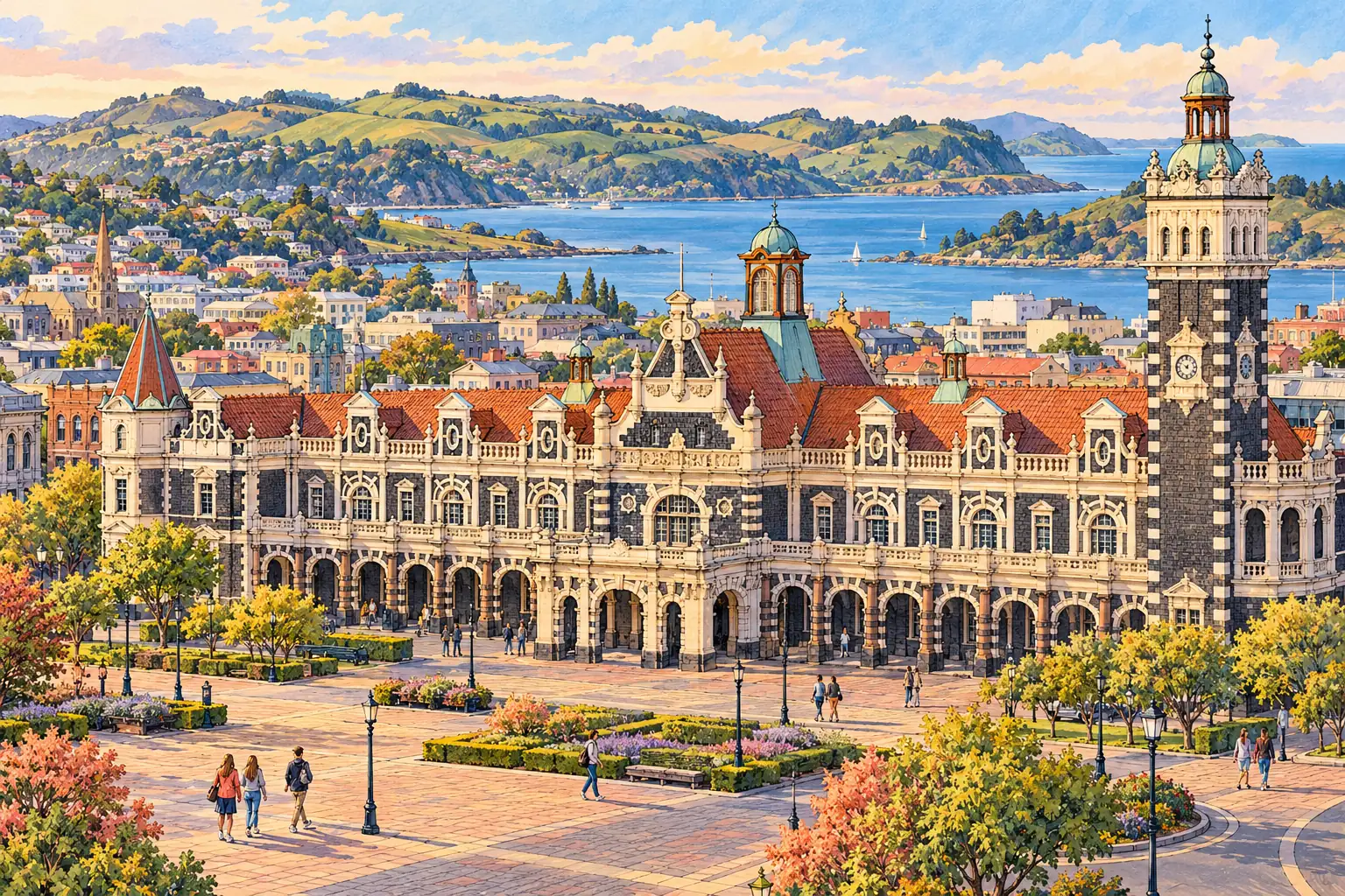 A hand-drawn view of Dunedin Railway Station beside a broad plaza, with the green hills of the Otago Peninsula behind.