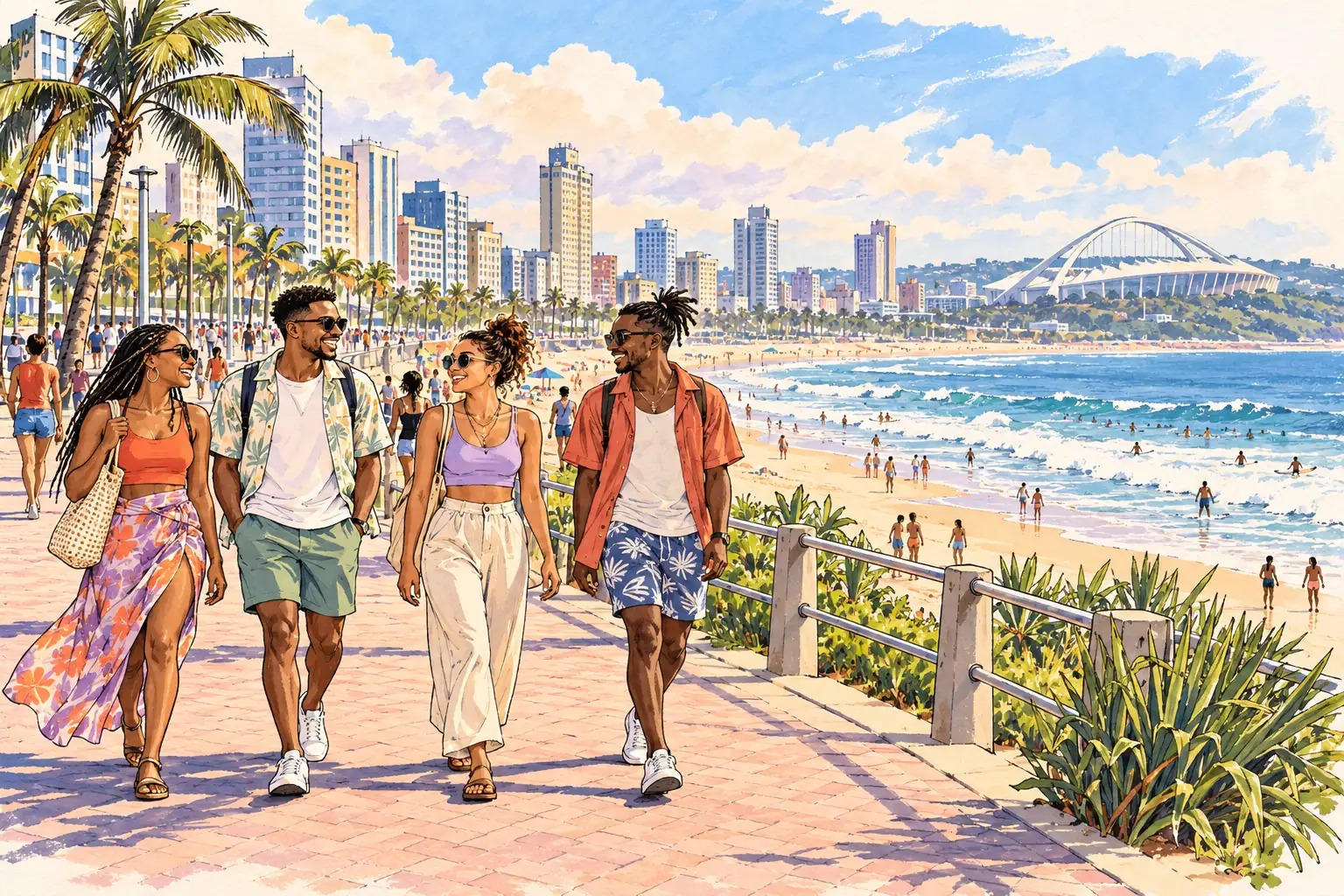 A hand-drawn view of Durban’s Golden Mile beach, promenade and stadium, with young adults enjoying the waterfront.