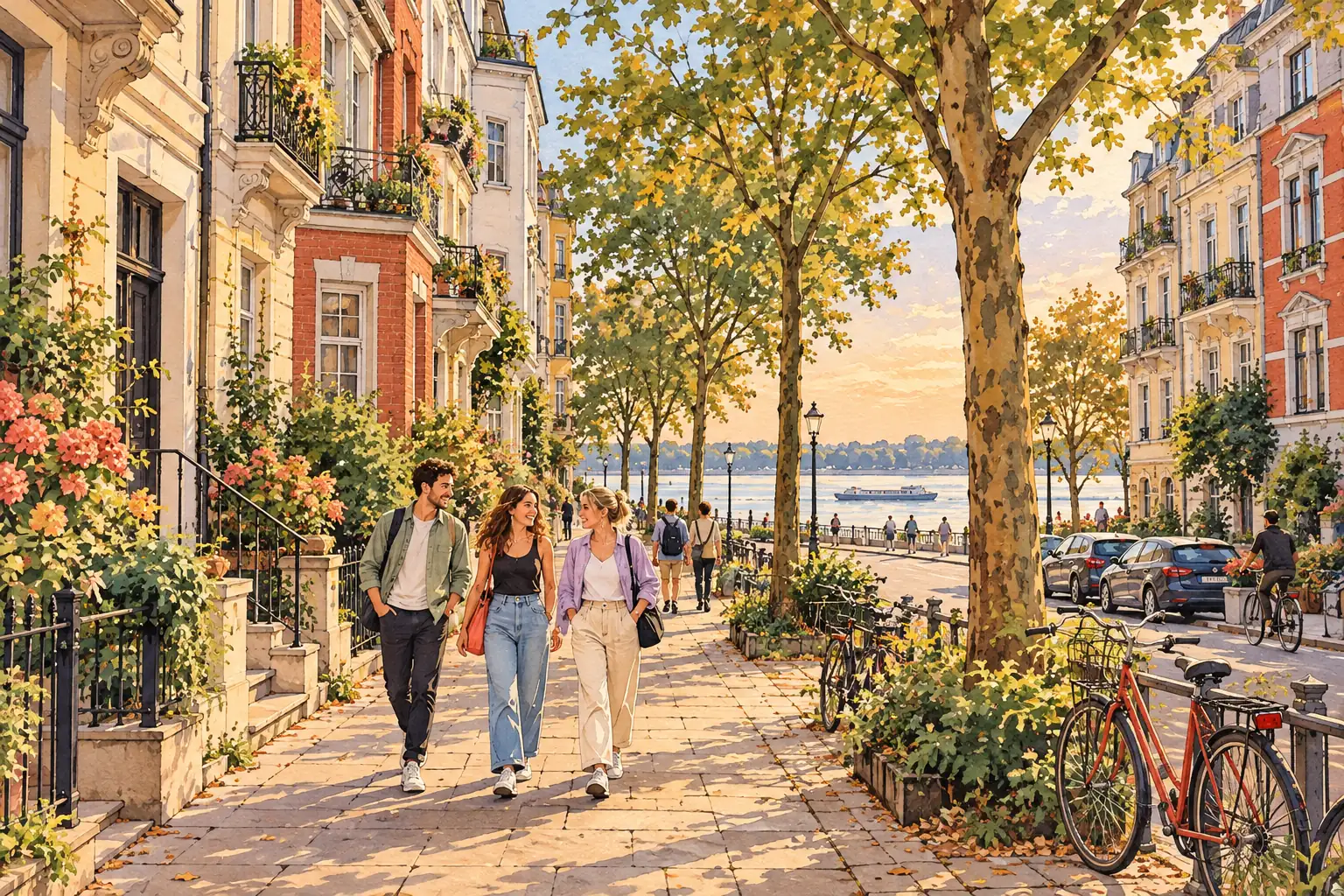 A hand-drawn Düsseldorf streetscape with leafy sidewalks, townhouses, the Rhine and young adults walking together.