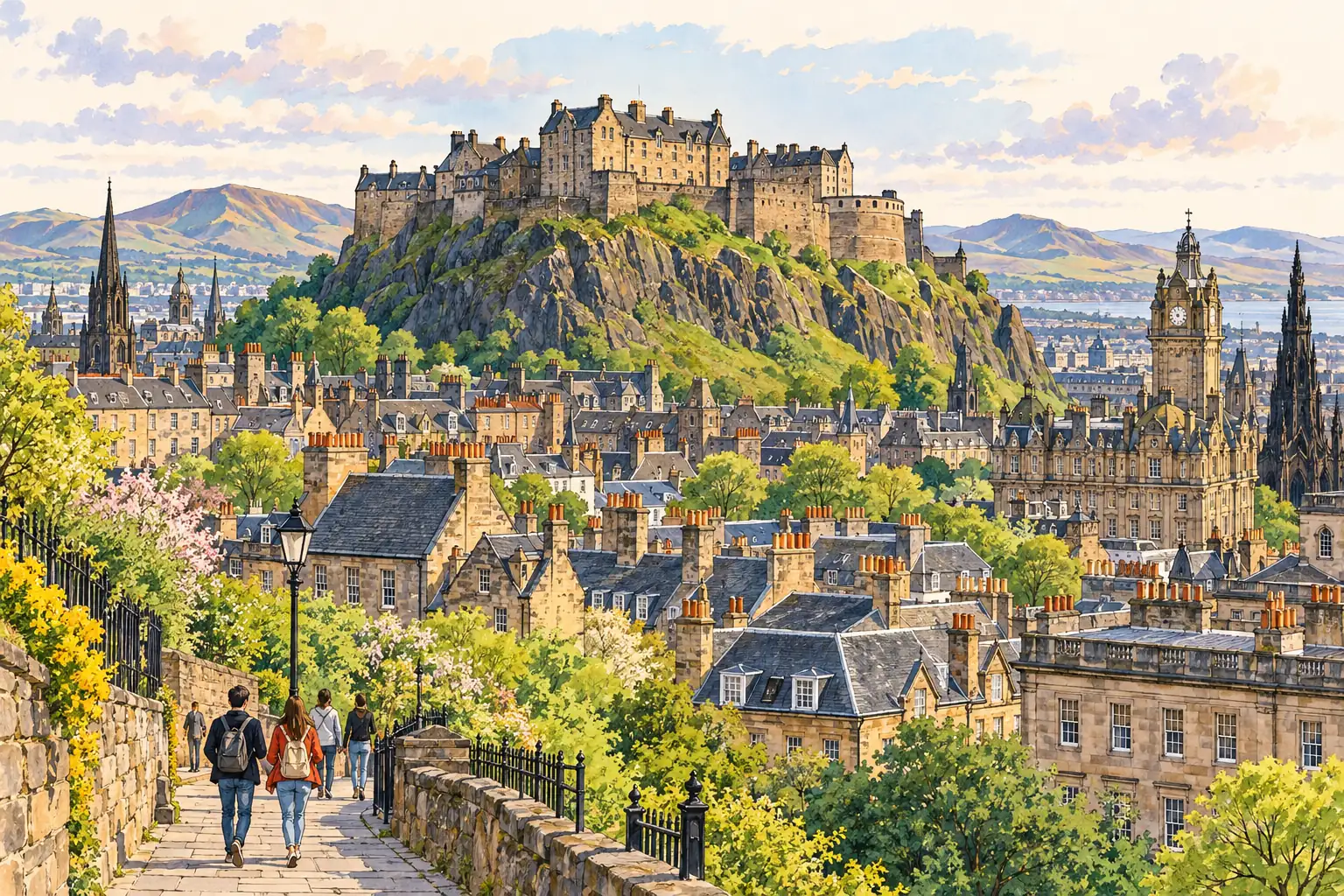 A hand-drawn view of Edinburgh Castle on Castle Rock above the Old Town rooftops.