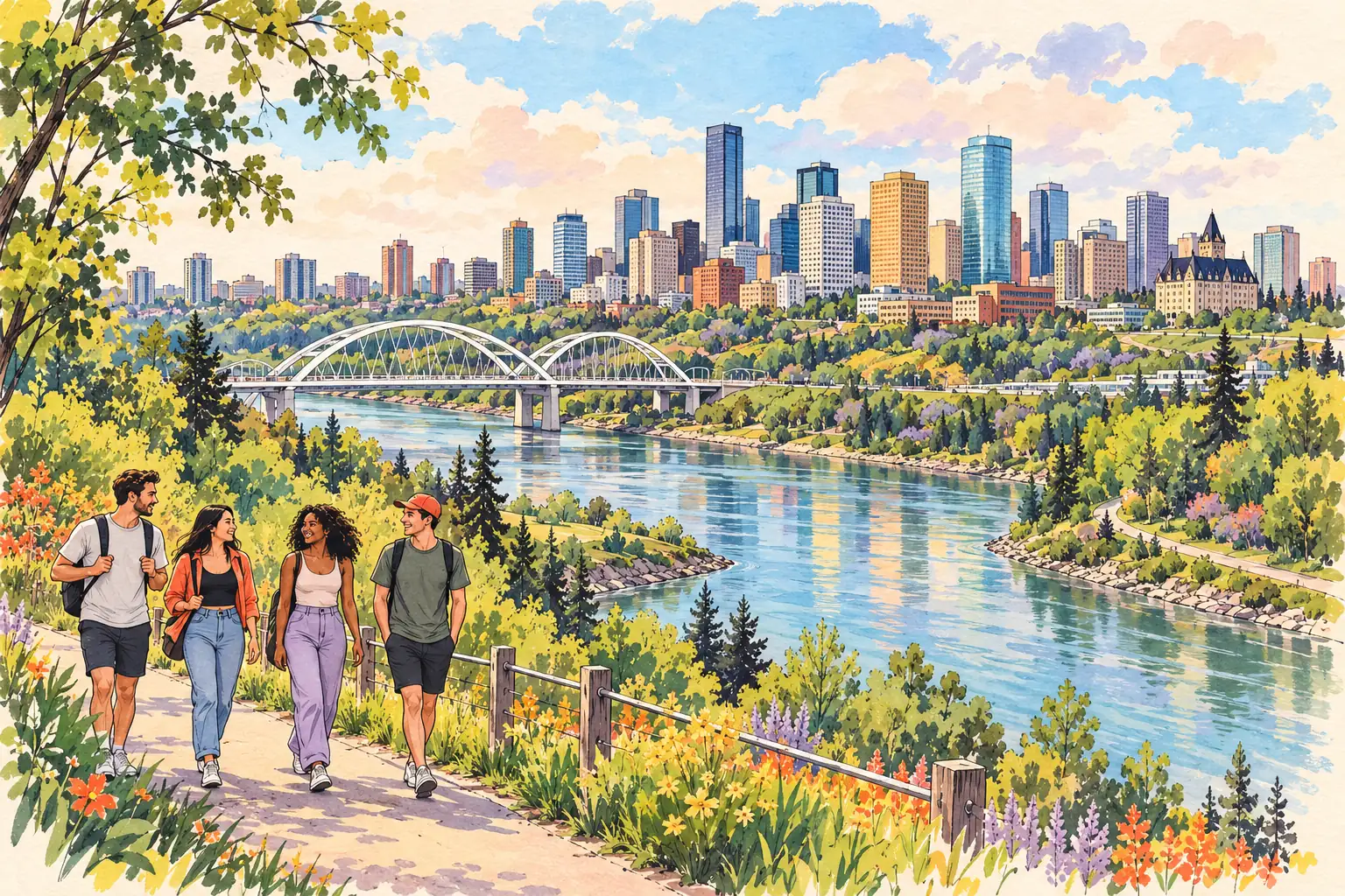A hand-drawn view of Edmonton’s river valley, arched bridge, downtown skyline and young adults walking the trail.