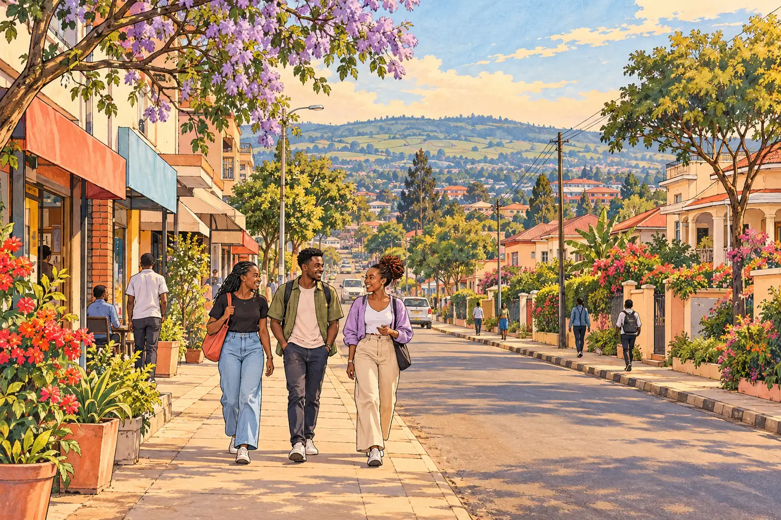 A hand-drawn Eldoret streetscape with flowering trees, highland homes and young Kenyan adults walking together.