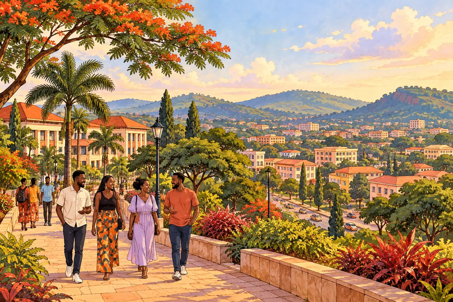 A hand-drawn generic view of Enugu, with young adults walking along a leafy hillside promenade among warm-toned city buildings.
