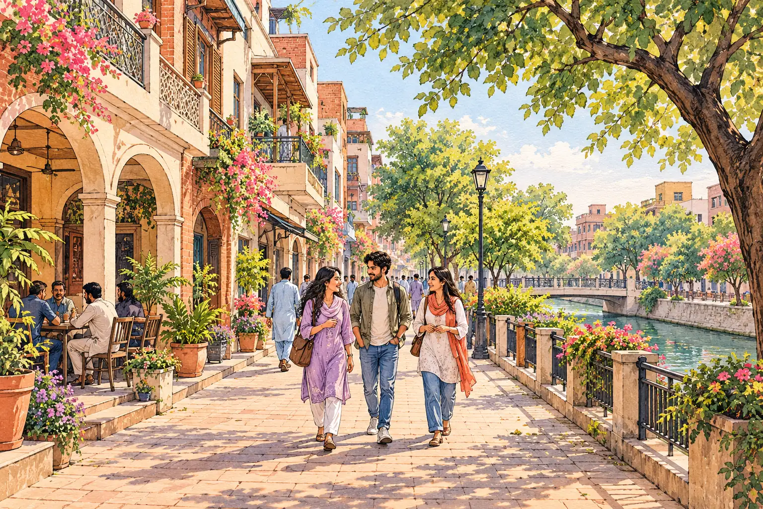 A hand-drawn Faisalabad streetscape with shaded arcades, leafy trees, a canal greenway and young adults walking together.