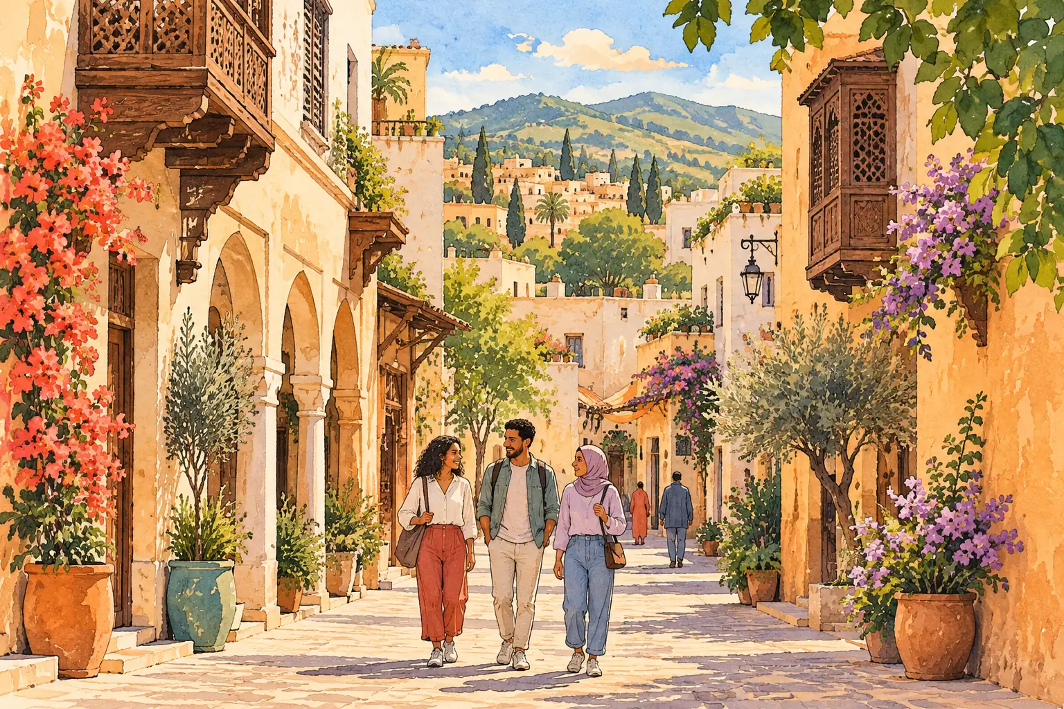 A hand-drawn Fes street with ochre and cream facades, carved balconies, flowering trees and young adults walking together.
