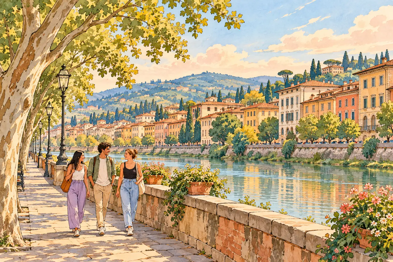 A hand-drawn Tuscan riverside scene with terracotta and cream facades, cypress hills and young adults walking together.