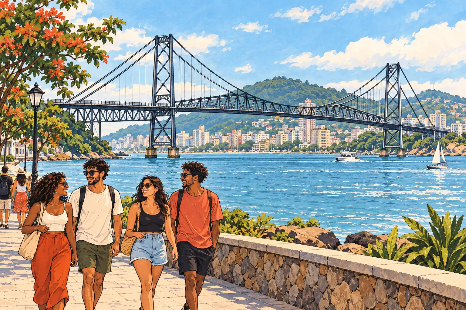 Young adults walk beside Florianópolis’ Hercílio Luz Bridge across the blue bay.