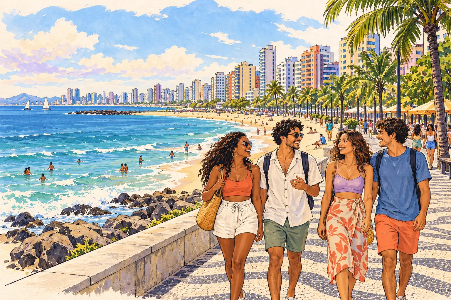 A hand-drawn view of Fortaleza’s Beira-Mar waterfront, beach and young adults walking together.