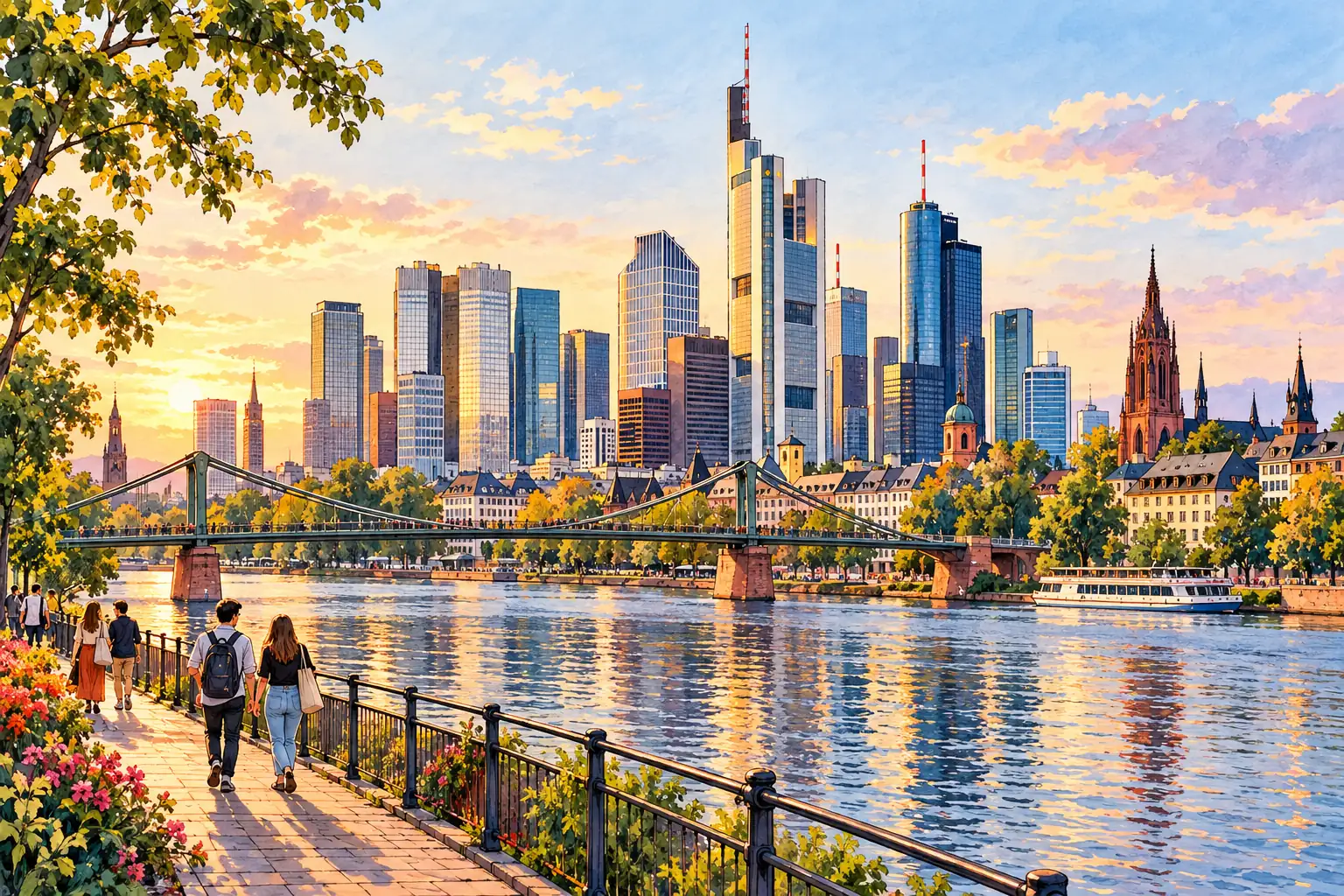 A hand-drawn view of Frankfurt’s skyline across the River Main and a pedestrian bridge.
