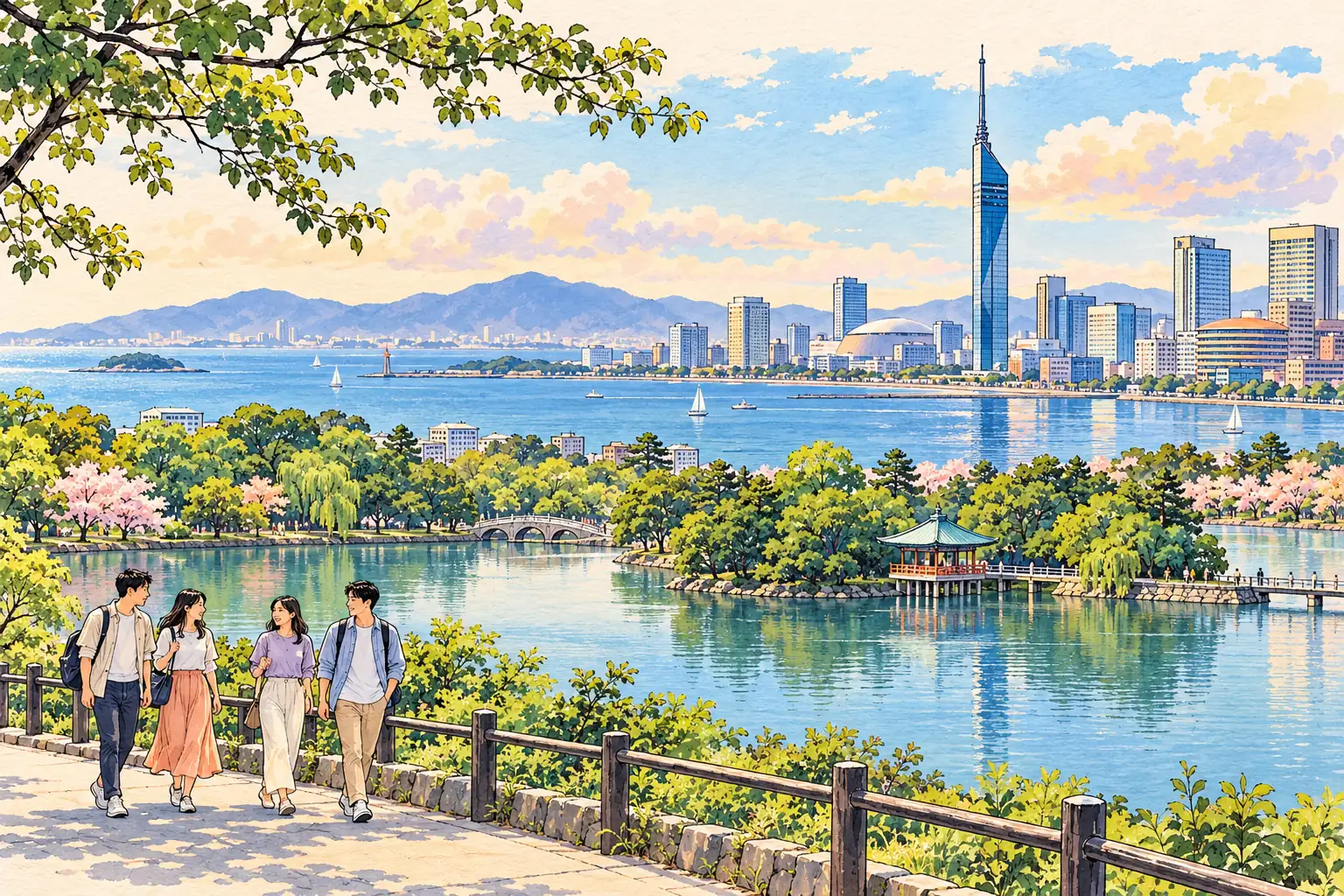 A hand-drawn view of Fukuoka Tower beside Hakata Bay and Ohori Park, with young adults strolling.