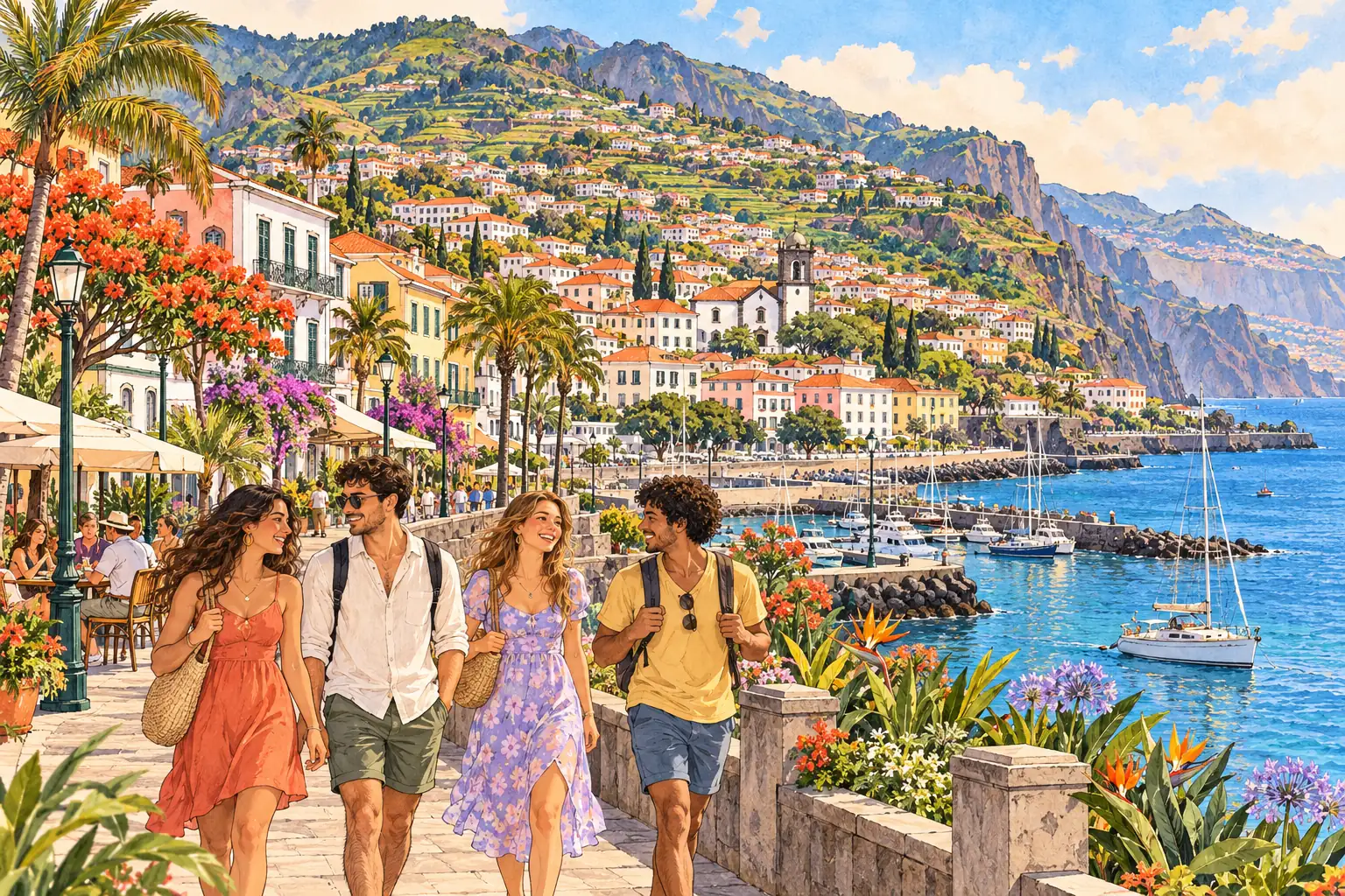 A hand-drawn view of Funchal’s harbor and colorful hillside city, with young adults walking along the waterfront.