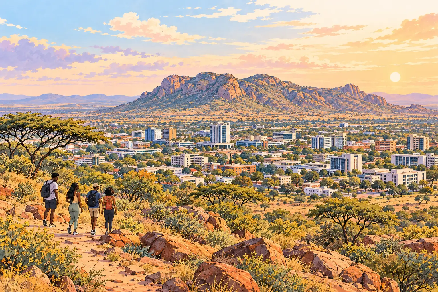 A hand-drawn view of Gaborone’s open valley and the rocky profile of Kgale Hill.