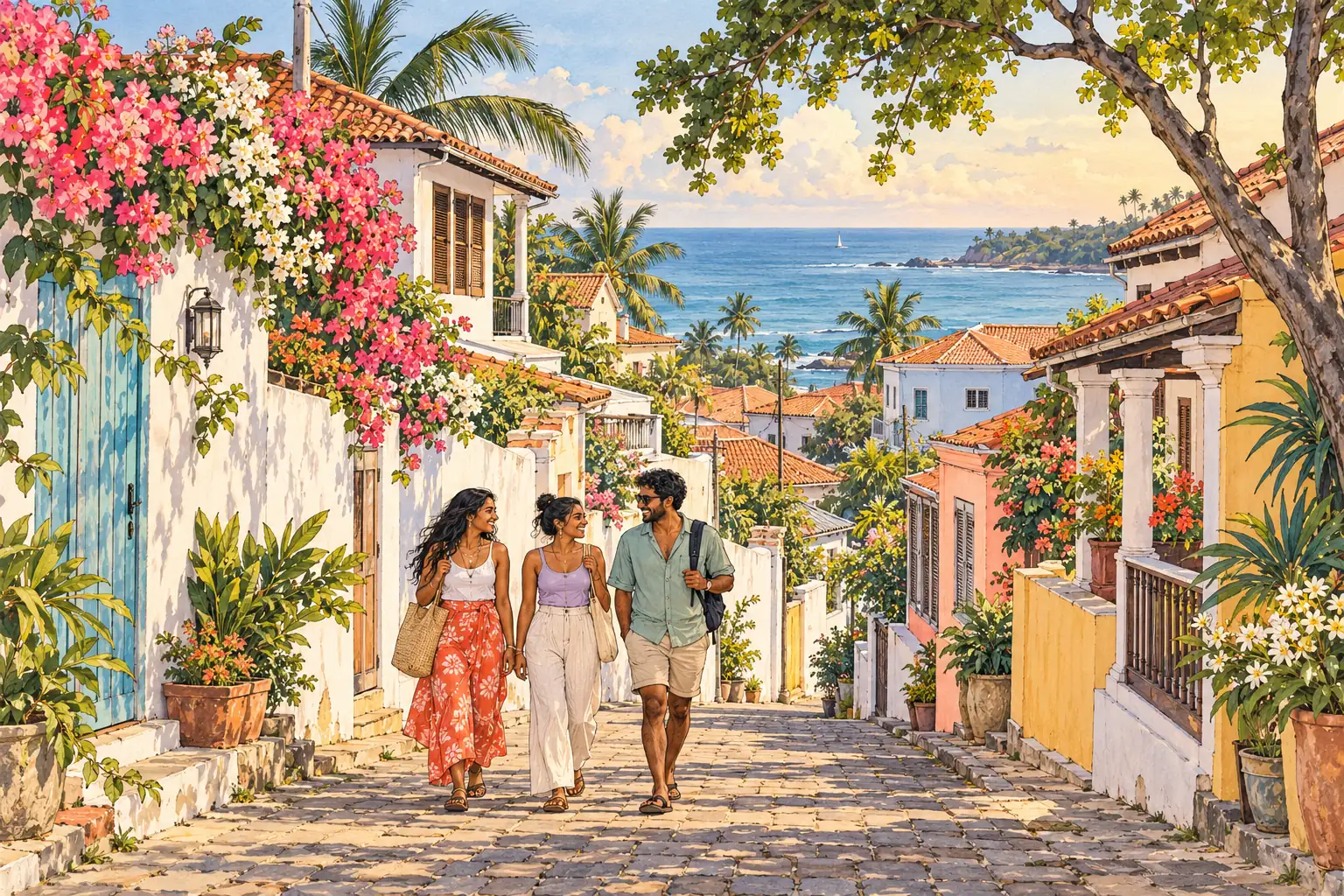 A hand-drawn Galle streetscape with whitewashed homes, tropical palms, an Indian Ocean view and young adults walking together.