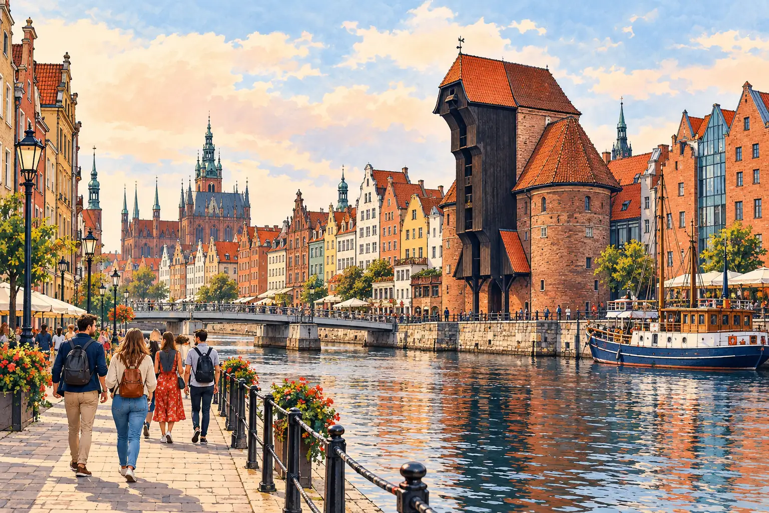A hand-drawn view of Gdańsk’s Motława riverfront, historic Crane and colorful Old Town.