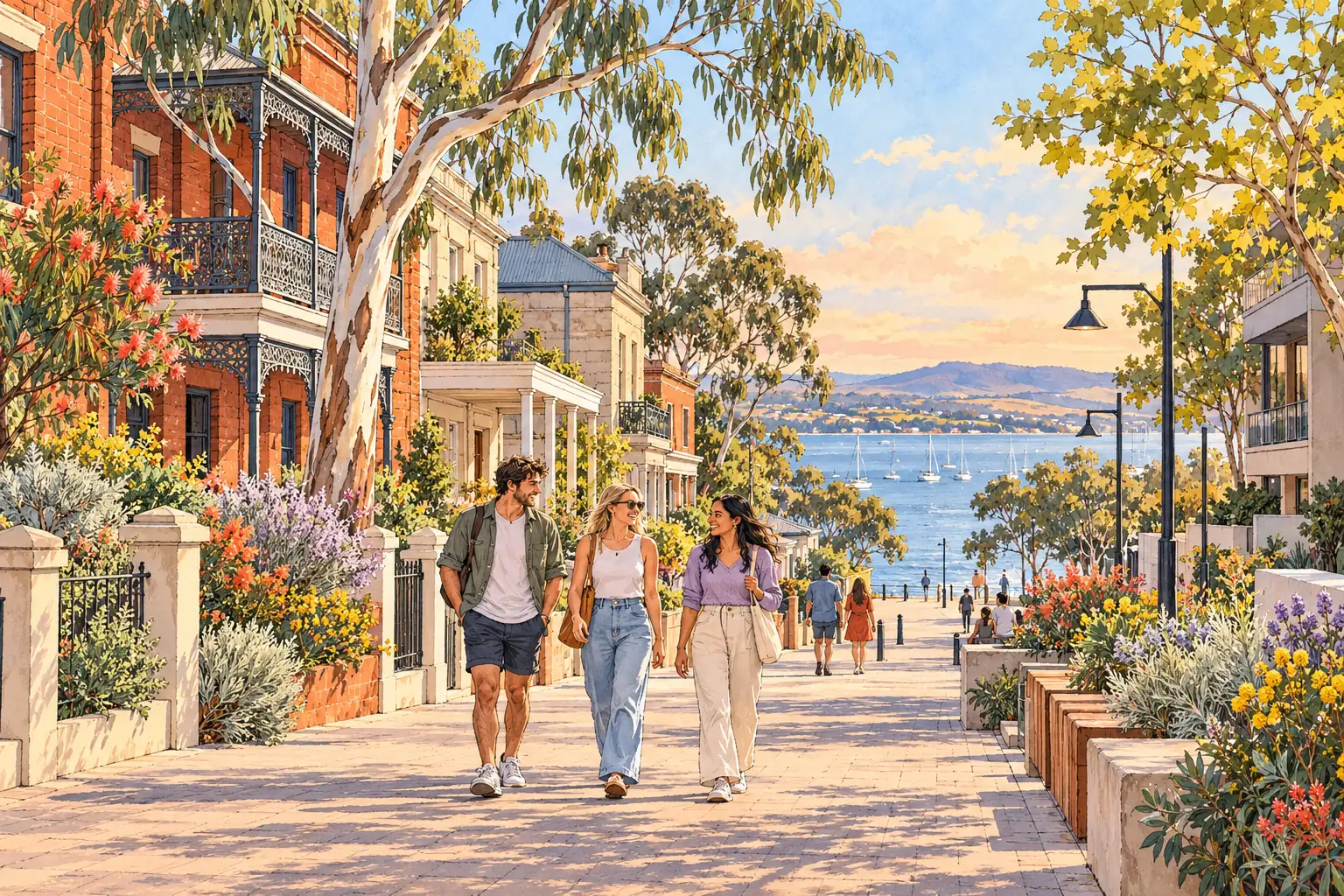 A hand-drawn Geelong waterfront streetscape with brick townhouses, eucalyptus trees, a bay view and young adults walking together.