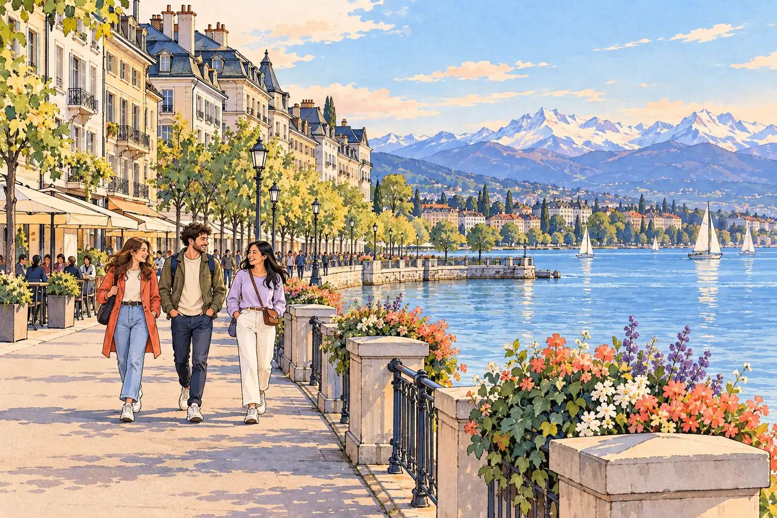 A hand-drawn Geneva lakeside promenade with pale stone facades, sailboats, Alpine peaks and young adults walking together.