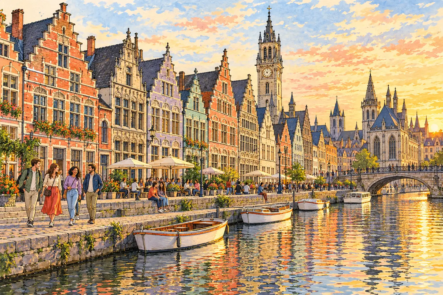 A hand-drawn view of Ghent’s Graslei waterfront, with stepped-gable canal houses and young adults walking along the quay.