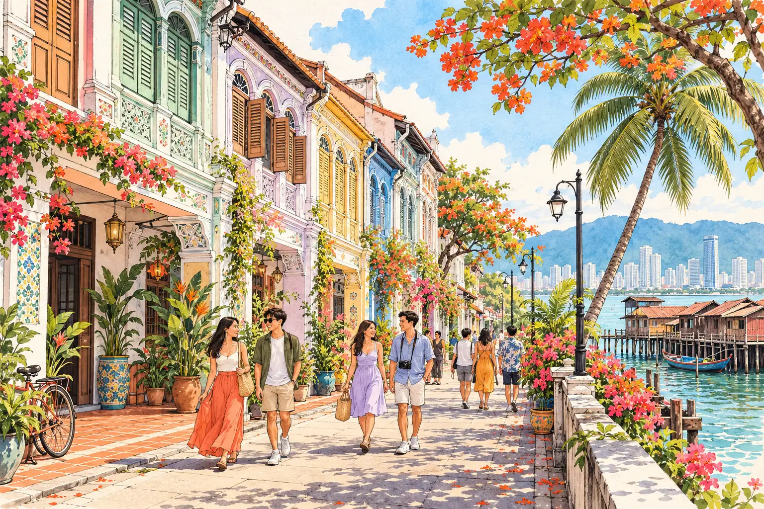 A hand-drawn view of George Town’s colorful heritage shophouses and waterfront Clan Jetties, with young adults walking.