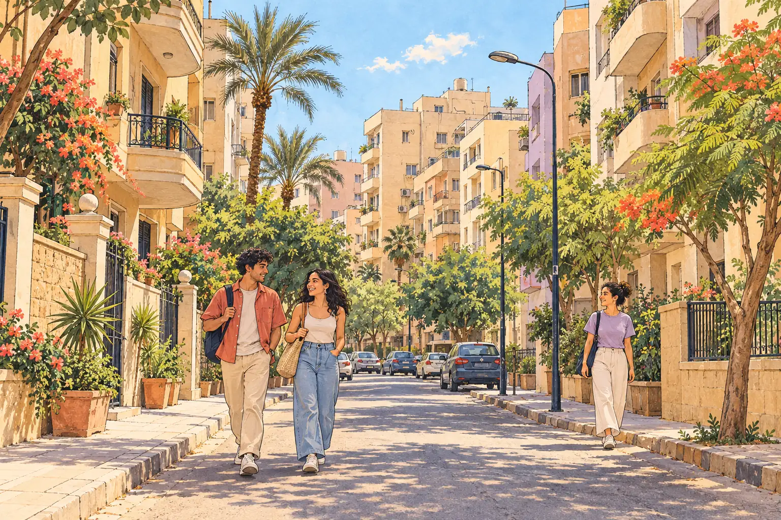 A hand-drawn view of Giza, with local streets, greenery and young adults together.