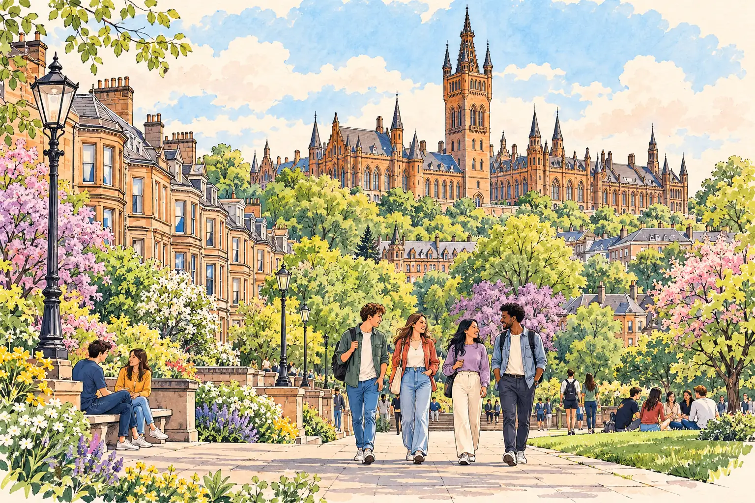A hand-drawn view of Glasgow’s University towers above a leafy West End, with young adults walking together.