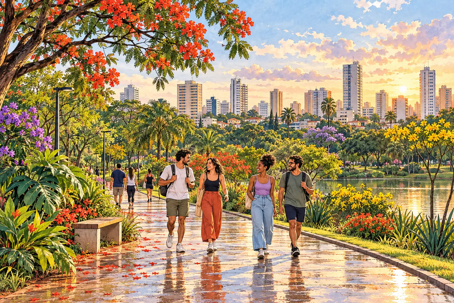 A hand-drawn generic view of Goiânia, with a tropical city park, skyline and young adults walking together.
