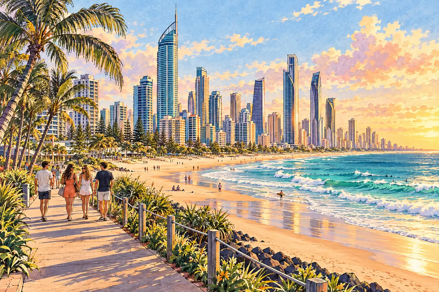 A hand-drawn view of Surfers Paradise on the Gold Coast, with its skyline above the beach and young adults strolling by the Pacific.