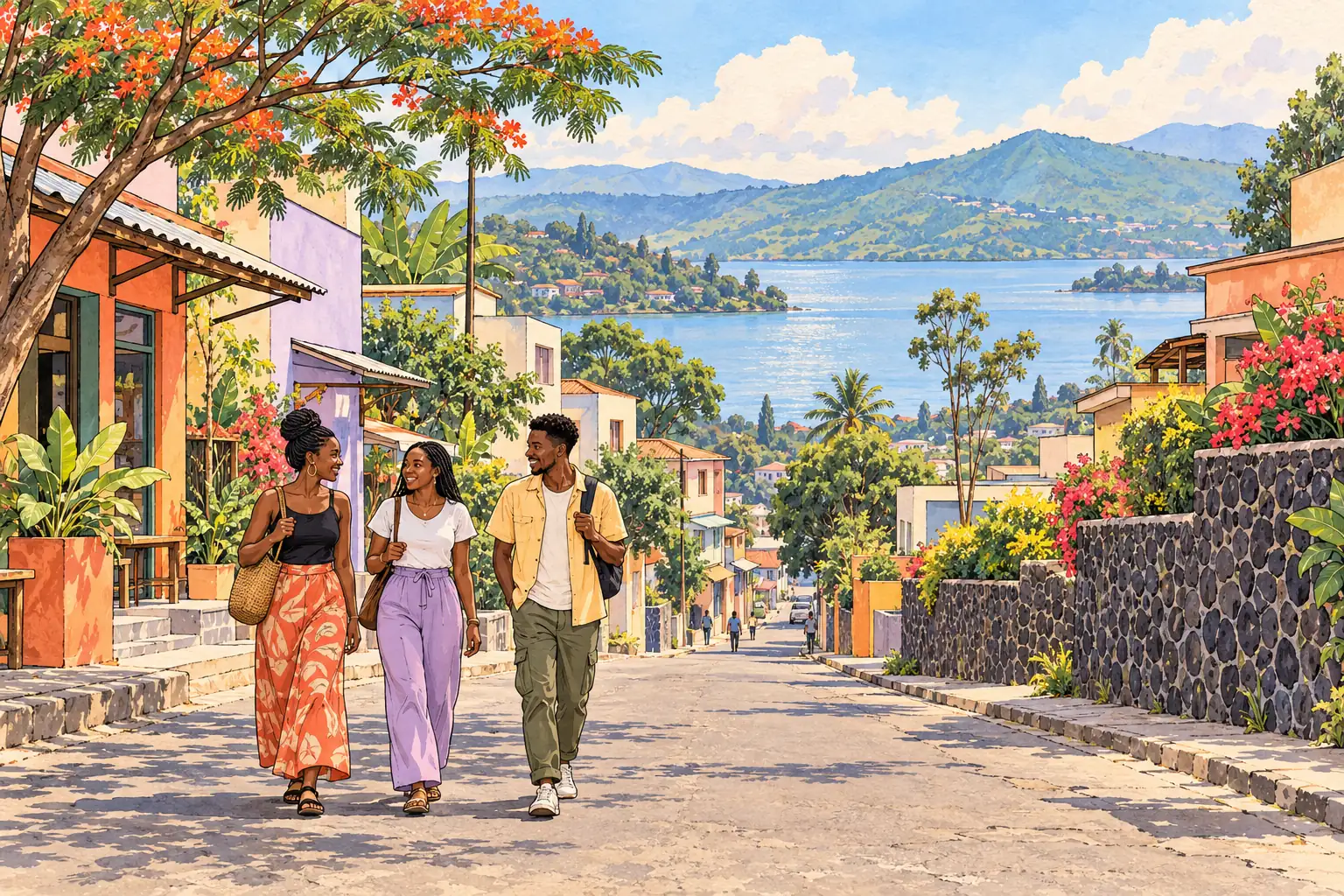 A hand-drawn view of Goma, with local streets, greenery and young adults together.