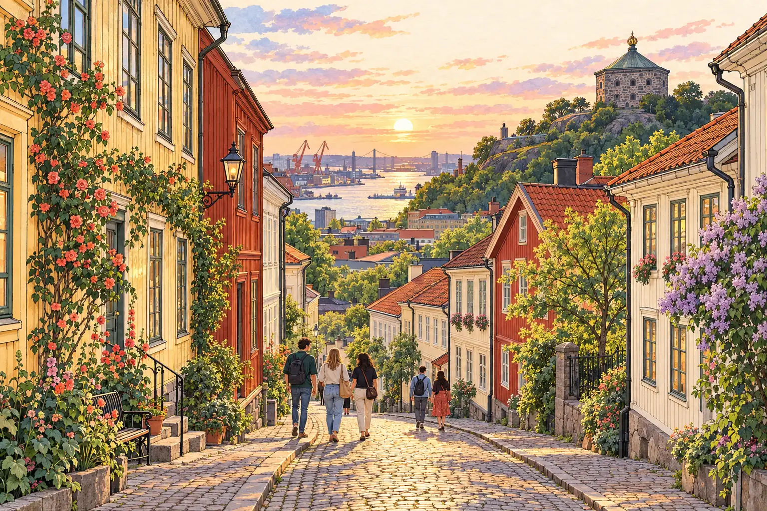 A hand-drawn view of Gothenburg’s Haga wooden houses, Skansen Kronan and harbor.