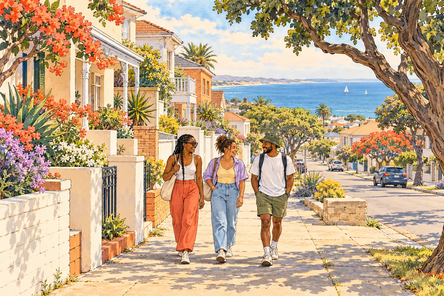 A hand-drawn Gqeberha streetscape with coastal homes, leafy gardens, Algoa Bay and young adults walking together.