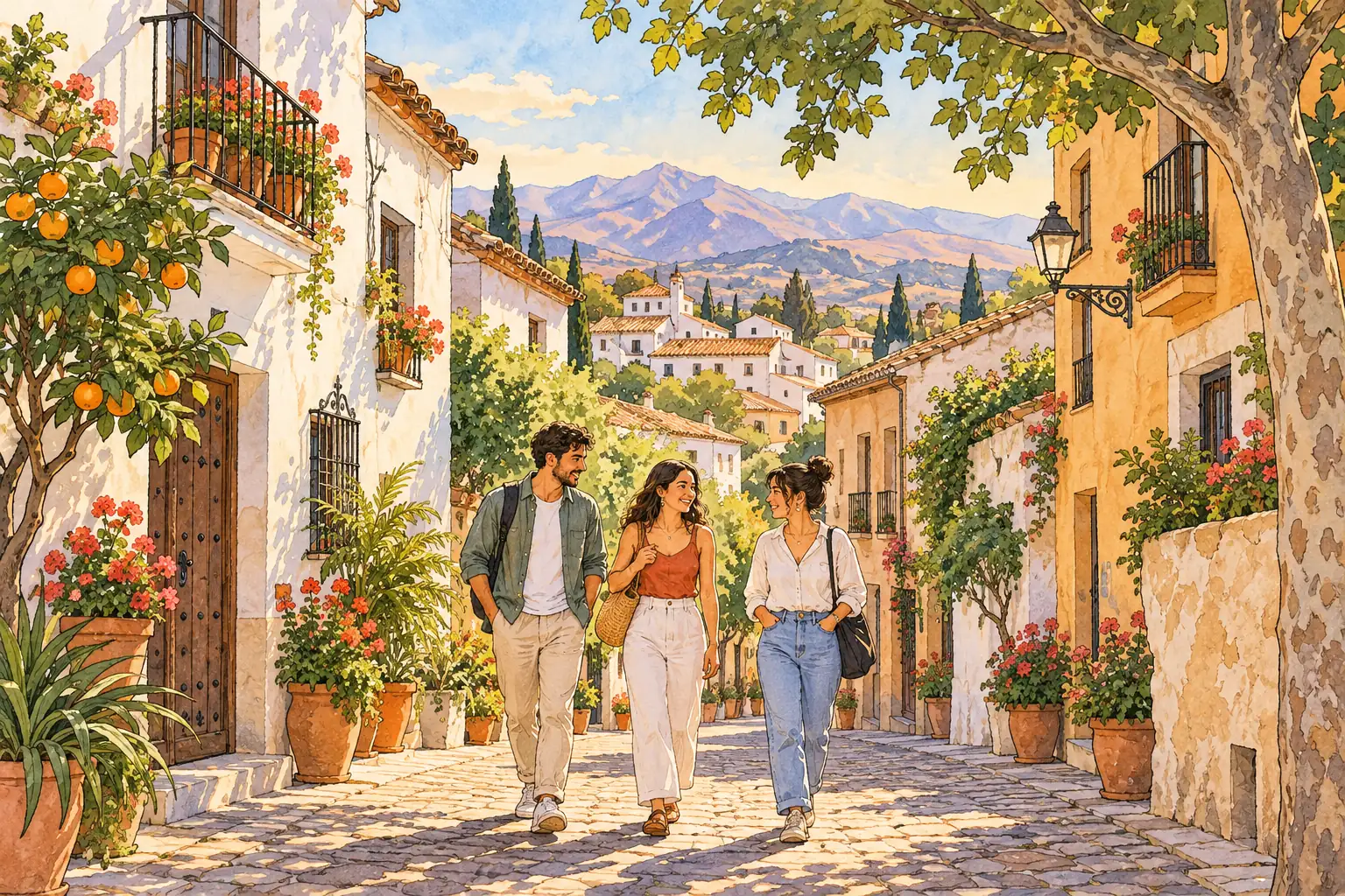 A hand-drawn Granada streetscape with whitewashed homes, geraniums, citrus trees, mountain foothills and young adults walking together.