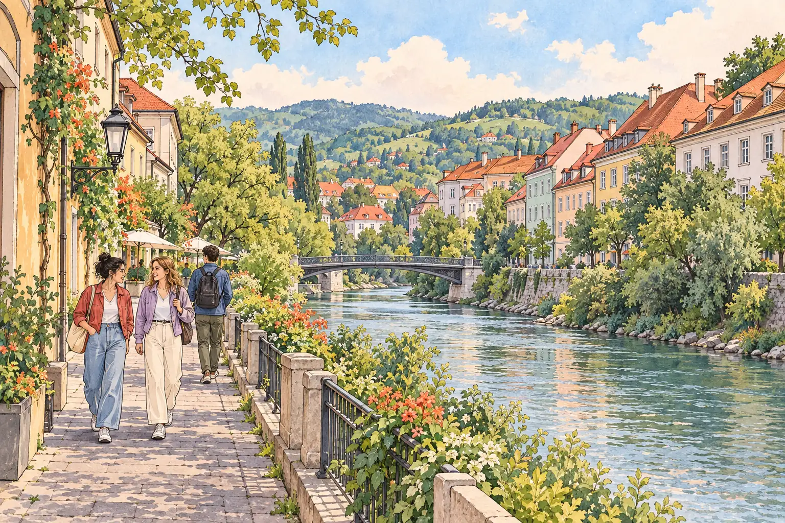A hand-drawn view of Graz, with local streets, greenery and young adults together.