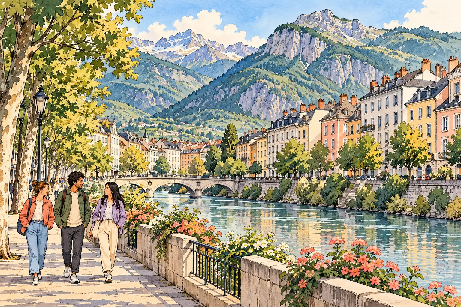 A hand-drawn Grenoble riverside with pale city facades, Alpine peaks and young adults walking together.