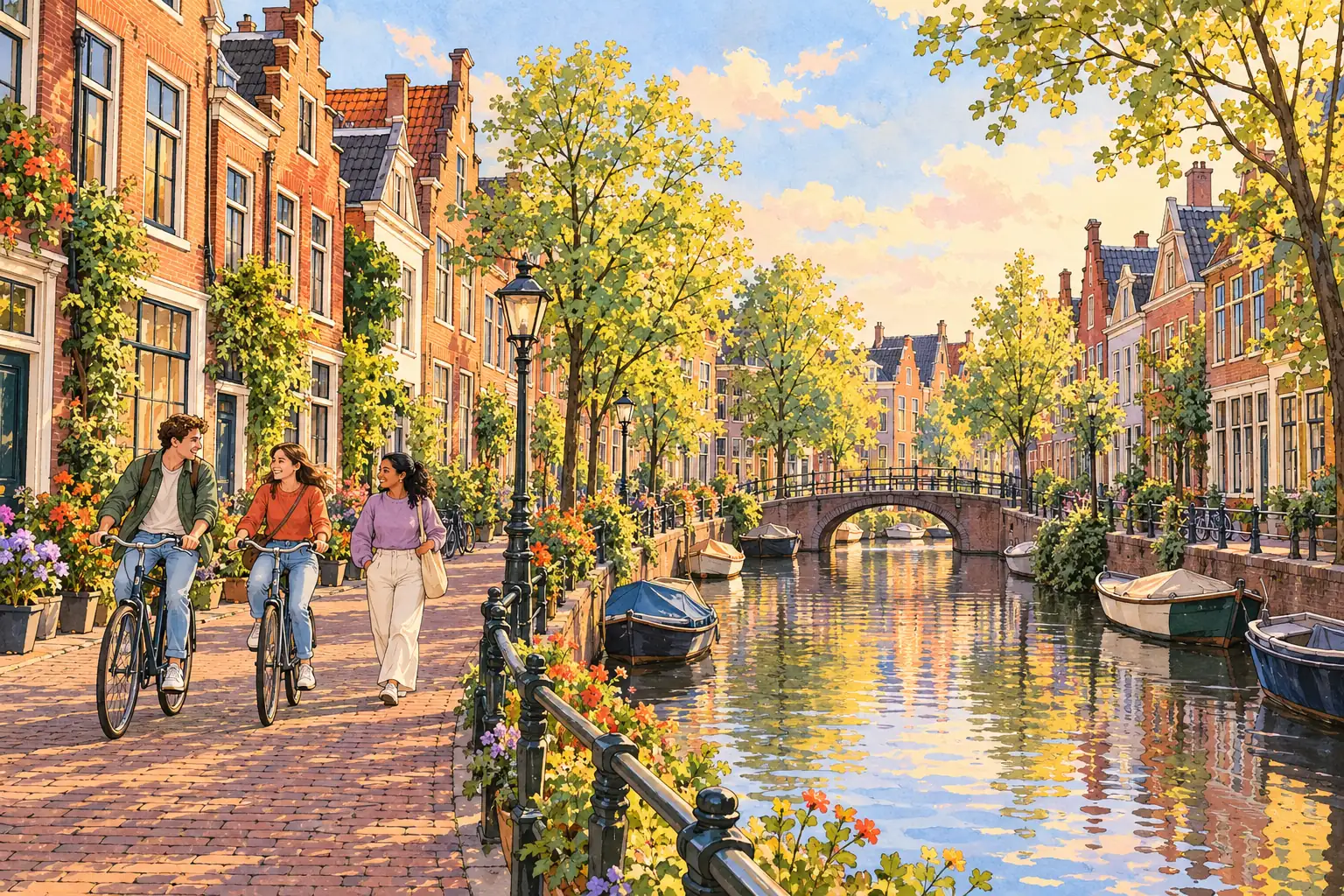 A hand-drawn view of Groningen’s canalside streets, brick homes, bicycles and young adults.