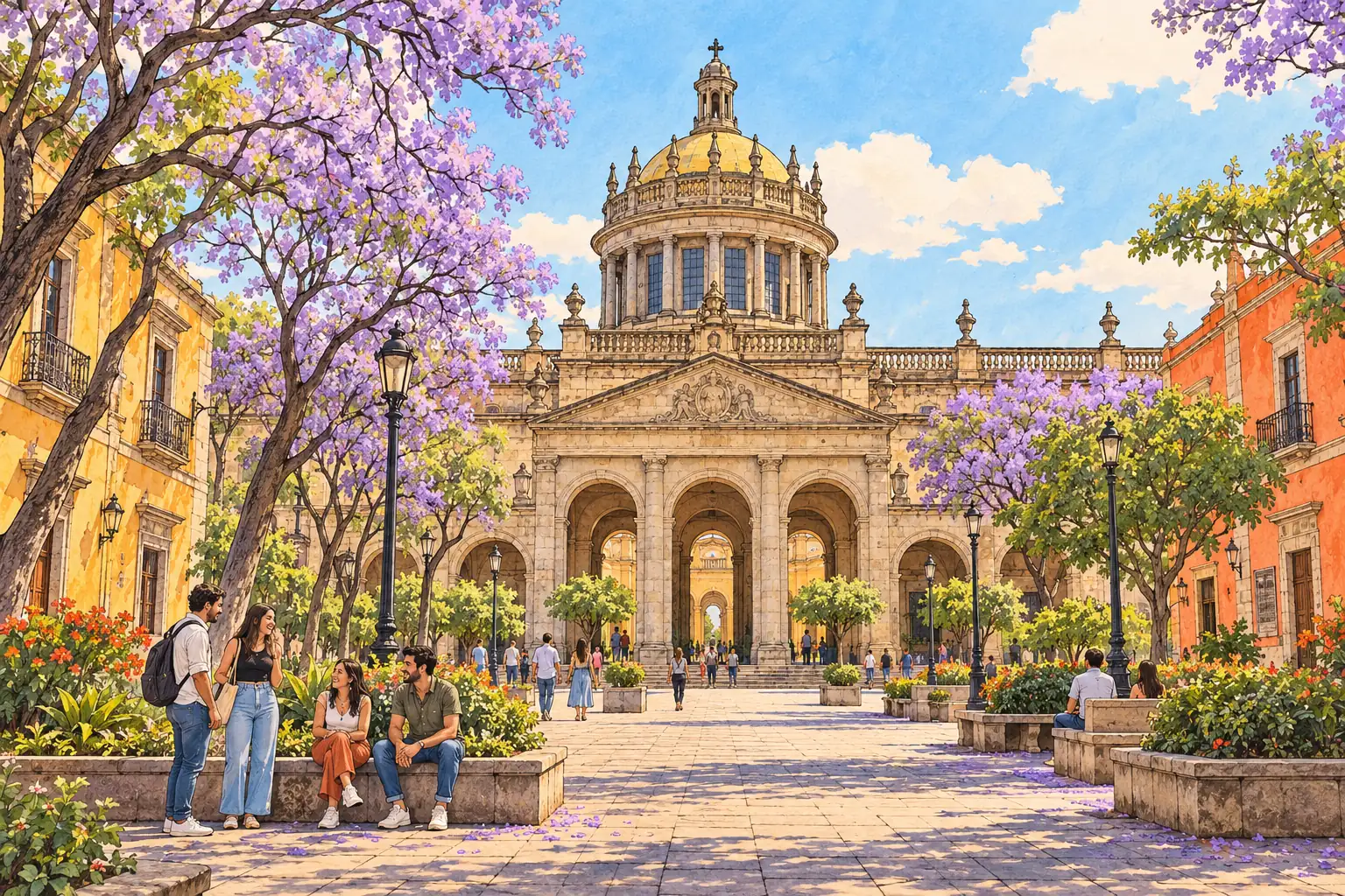 A hand-drawn view of Guadalajara’s Hospicio Cabañas among jacaranda trees, with young adults meeting in the plaza.