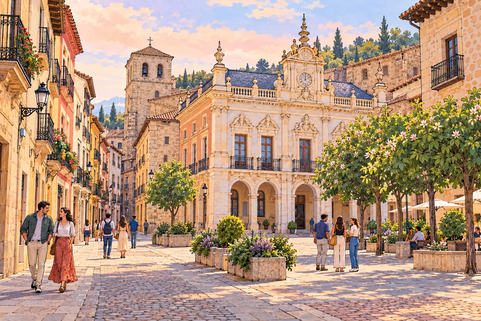 A hand-drawn view of Guadalajara’s historic Plaza Mayor, City Hall and surrounding streets.