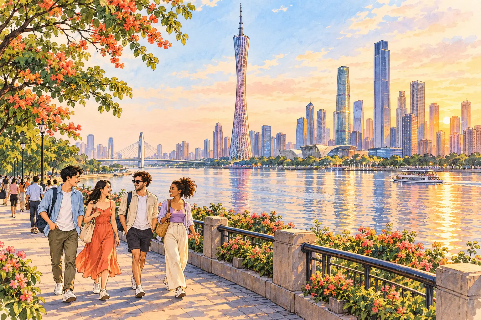 A hand-drawn view of Guangzhou’s Canton Tower beside the Pearl River, with young adults enjoying the waterfront.