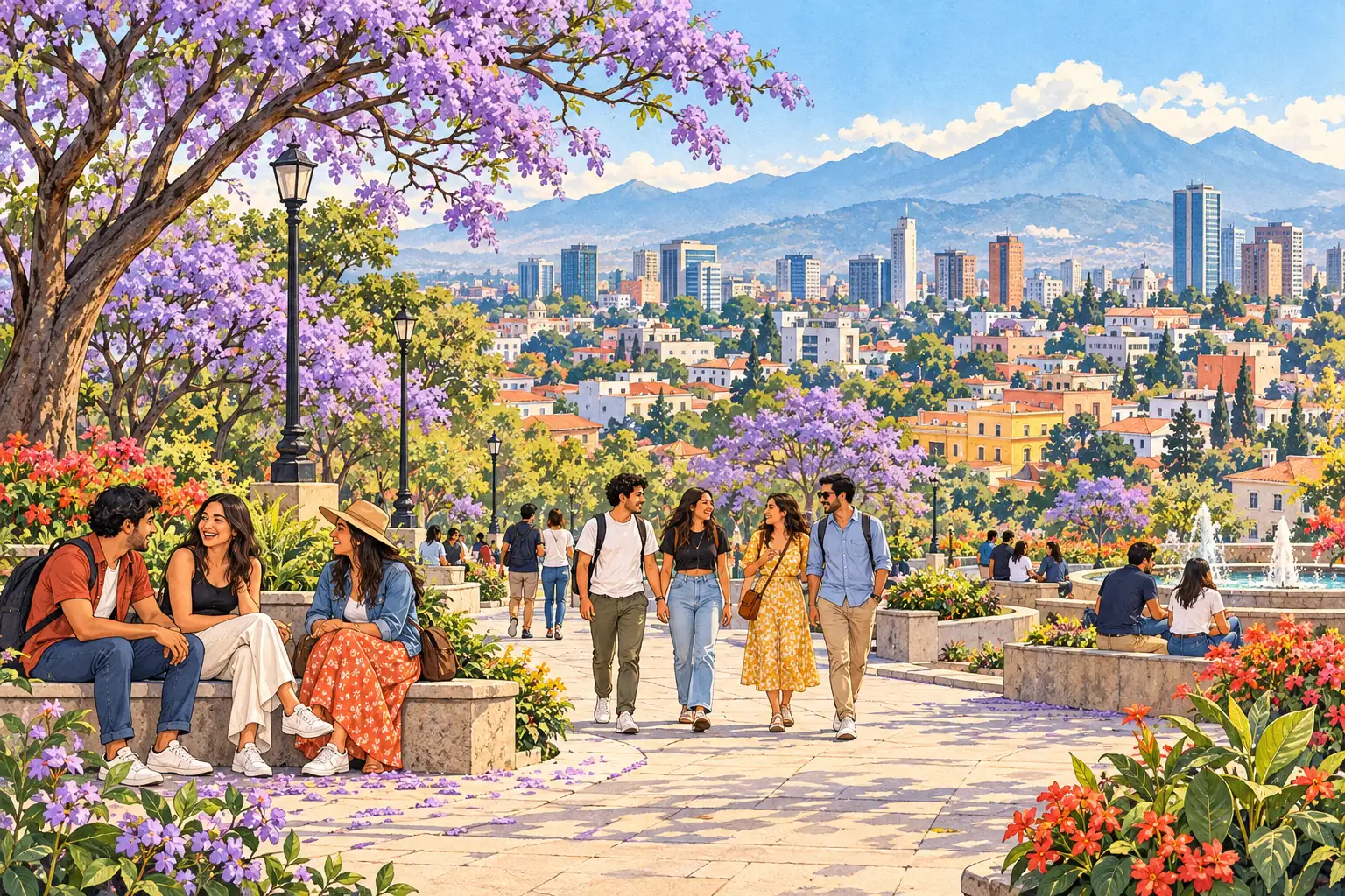 A hand-drawn generic view of Guatemala City, with a flowering highland park, city skyline and young adults together.