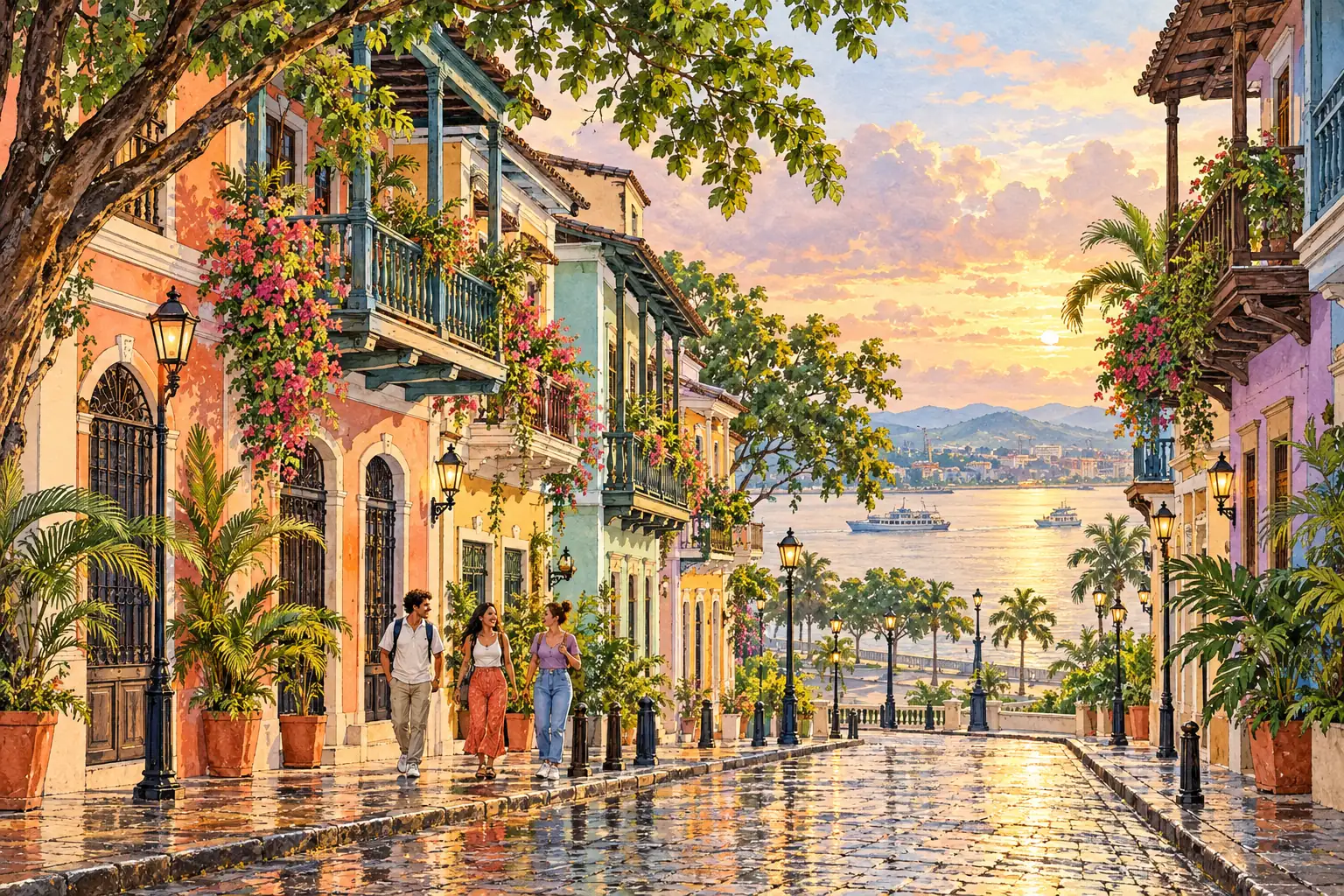 A hand-drawn view of a tropical riverside street in Guayaquil, with pastel balconies, leafy trees and young adults walking together.