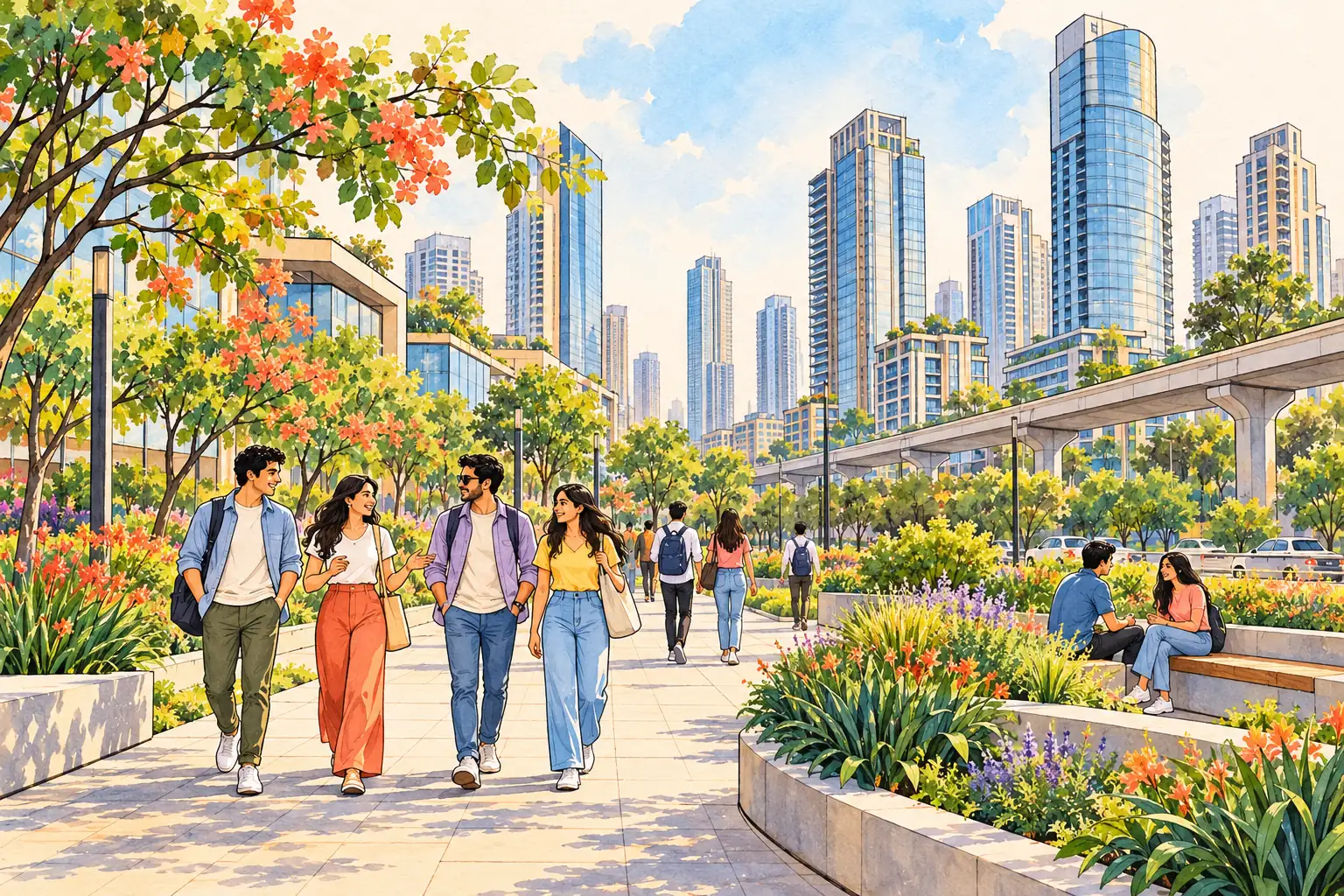 A hand-drawn generic Gurugram streetscape with modern towers, planted paths and young adults walking together.