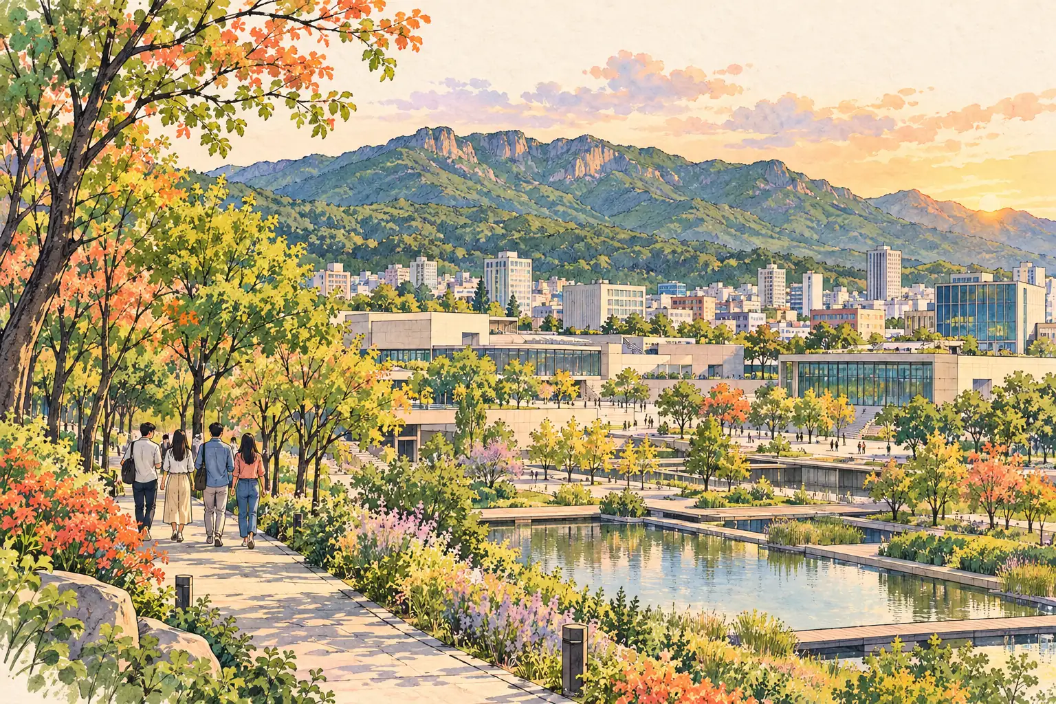 A hand-drawn regional view of Gwangju beneath the green ridgeline of Mudeungsan.