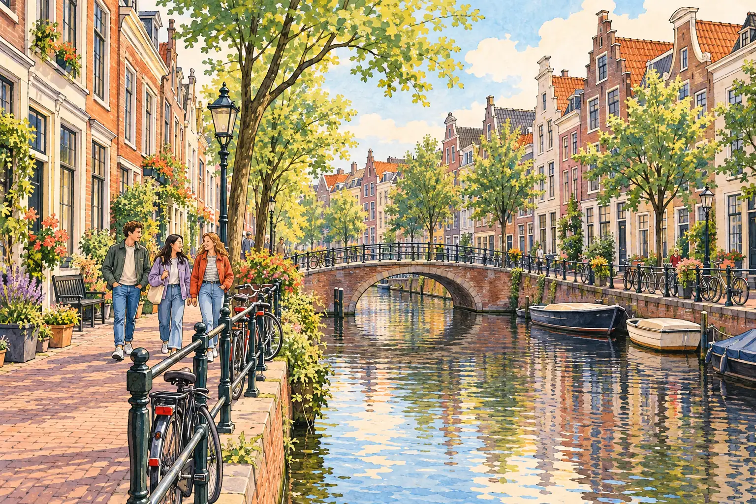 A hand-drawn Haarlem canal street with brick townhouses, an arched footbridge, bicycles and young adults walking together.