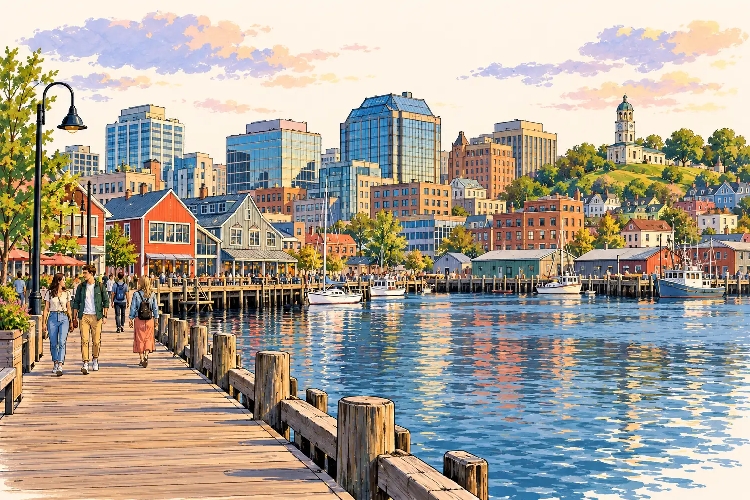 A hand-drawn view of Halifax Harbour and its waterfront boardwalk with downtown rising behind.