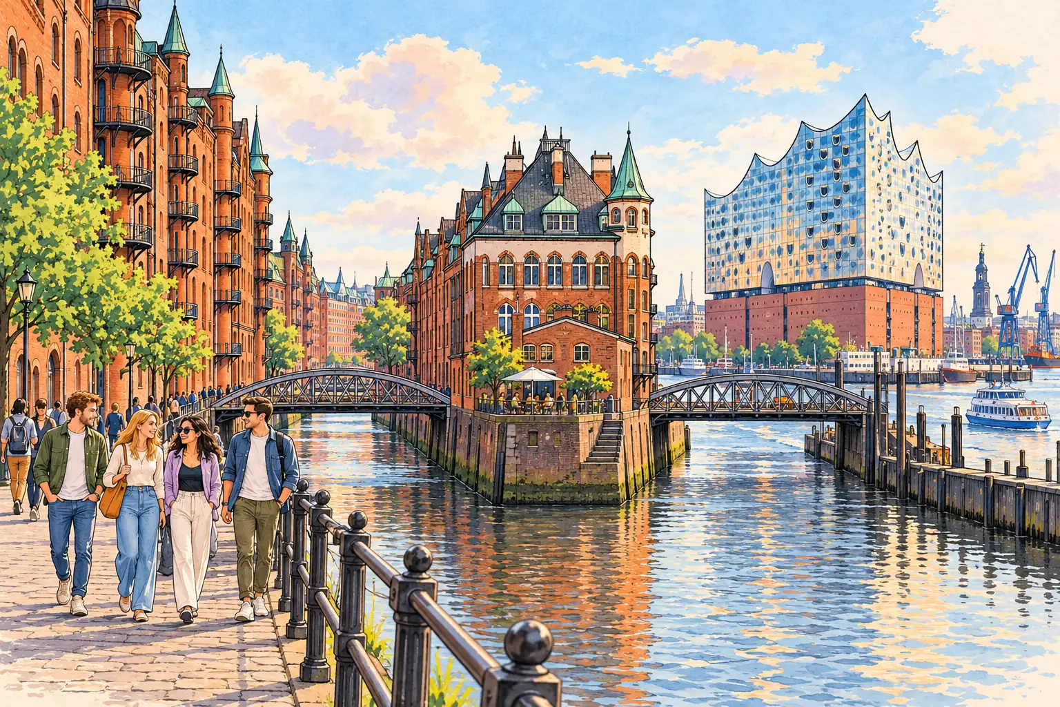 A hand-drawn view of Hamburg’s Speicherstadt canals and the Elbphilharmonie, with young adults by the water.