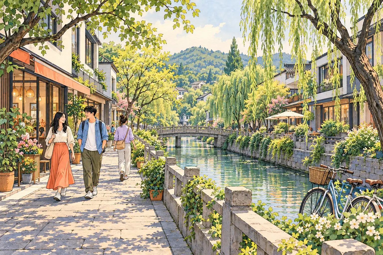 A hand-drawn view of Hangzhou, with local streets, greenery and young adults together.