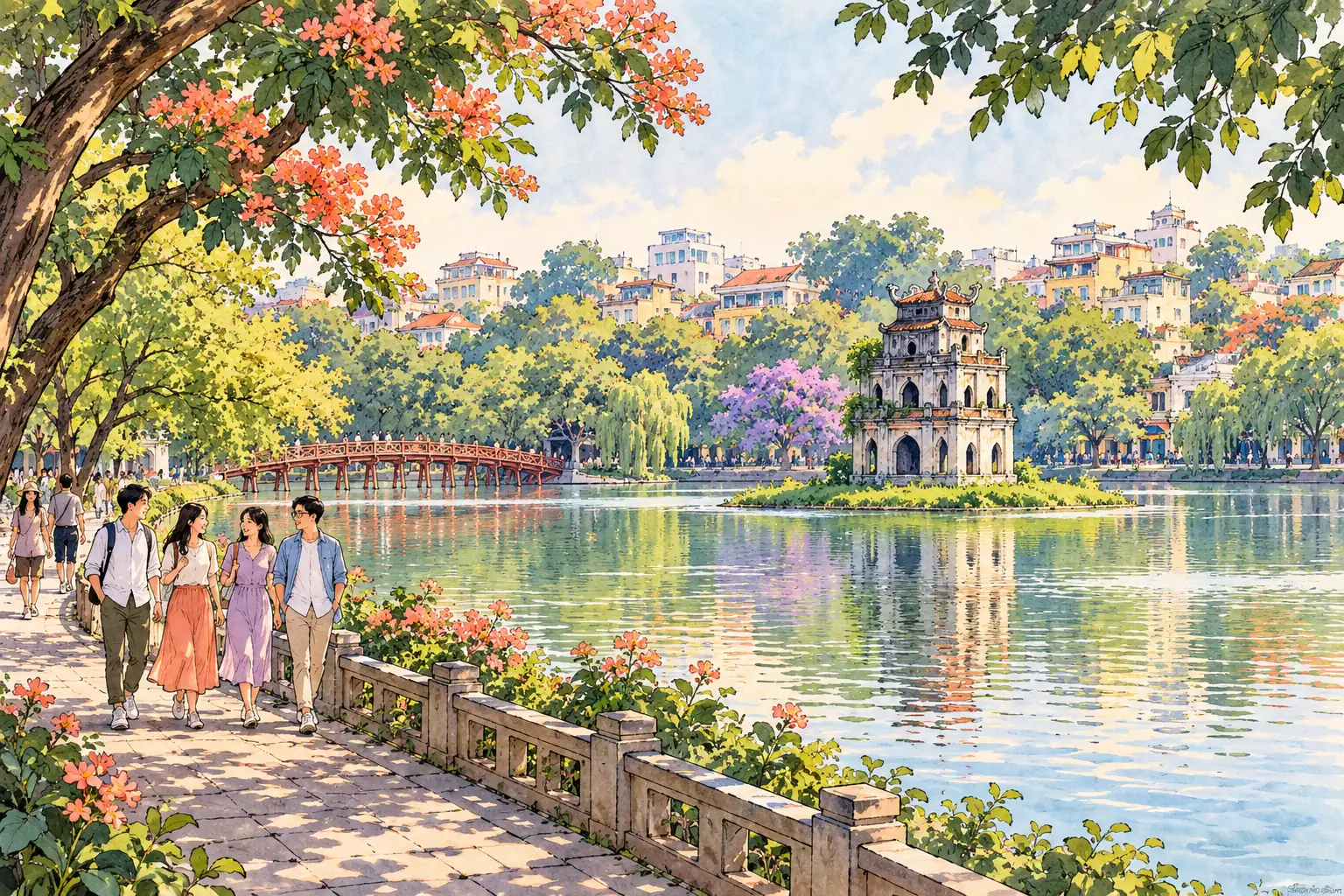A hand-drawn Hanoi scene with Hoan Kiem Lake, Turtle Tower and a leafy footbridge.