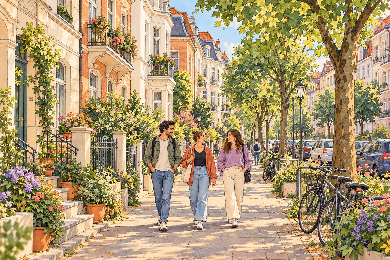 A hand-drawn Hanover streetscape with brick townhouses, lime trees, gardens and young adults walking together.