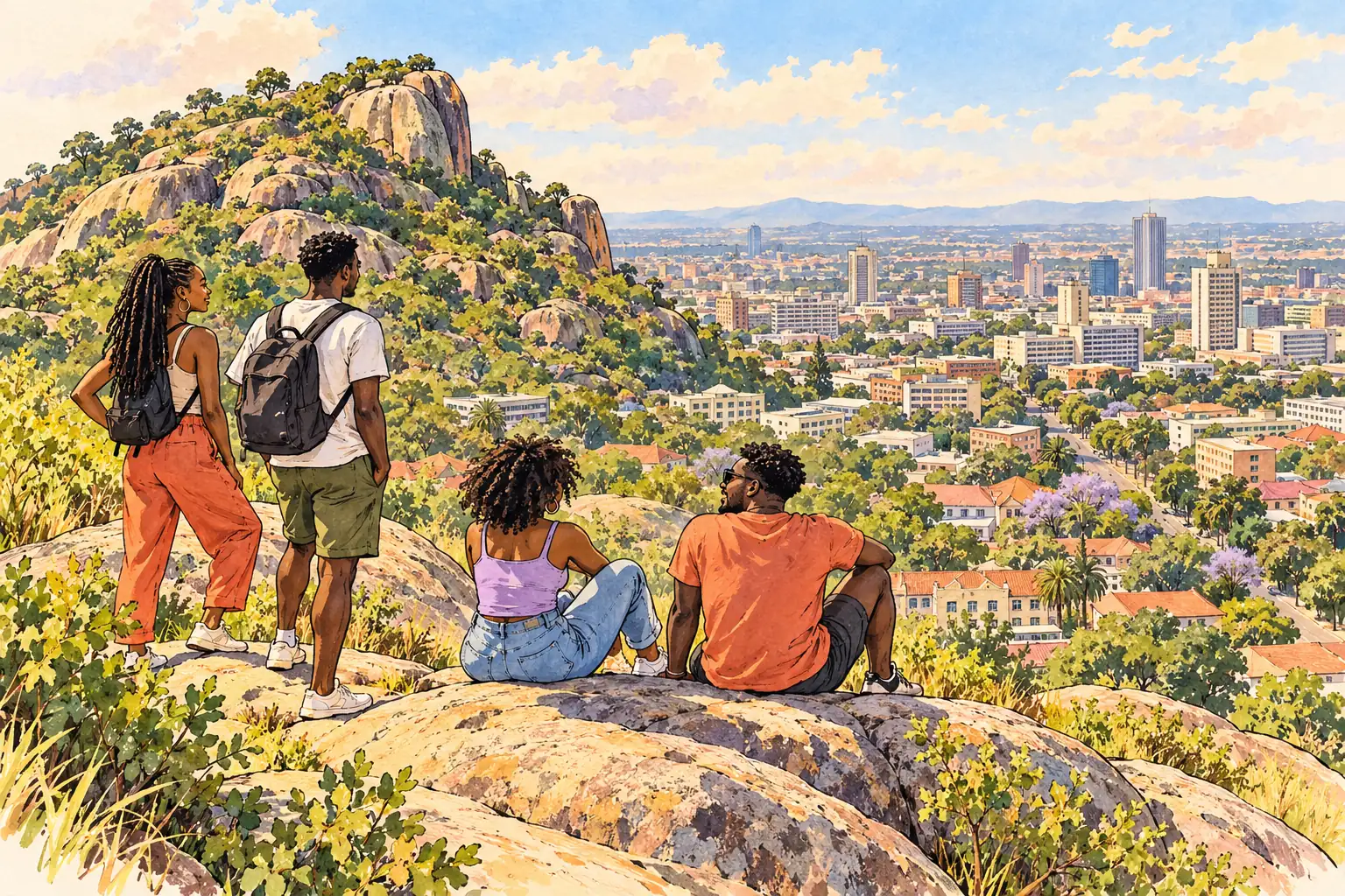 A hand-drawn view of Harare from the rocky green Kopje, with young adults enjoying the city overlook.